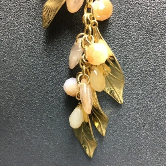 Long Y Drop Necklace Barbie Gold Pink Salmon Rose Leaves Dangles Retro Cottage - Picture 3 of 8